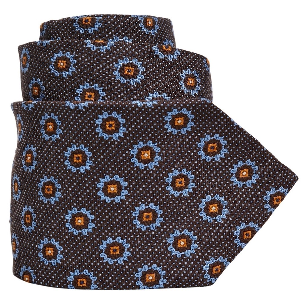 HICKEY FREEMAN Men's 100% Silk Necktie ENGLAND Designer Brown Blue Medallion EUC